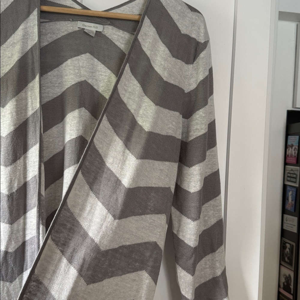 Garnet Hill Linen Maxi Chevron Pattern Grey and White Duster Cardigan Size L - Picture 2 of 6